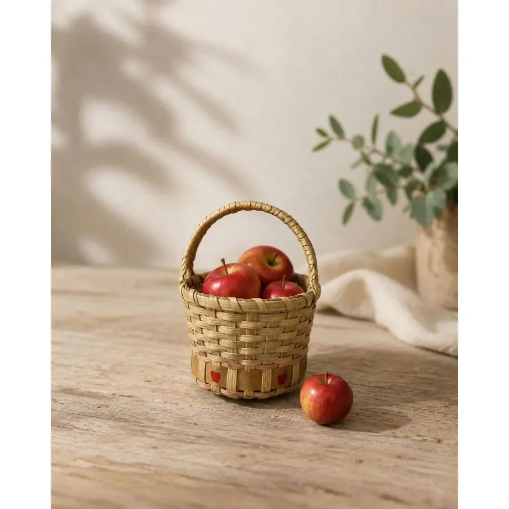 Vintage Country Farmhouse Hand Painted Apple Woven Basket 1990 90s Cottagecore